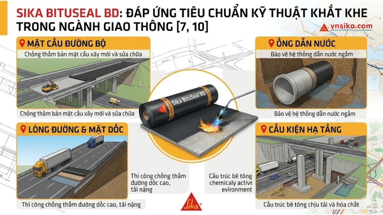 Thi công Sika BituSeal BD khò nóng mặt cầu