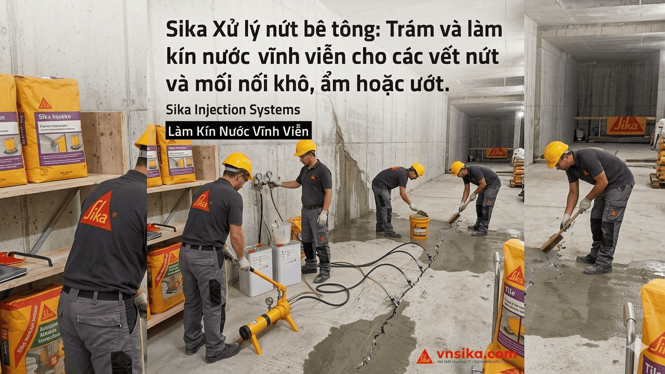 Thi công bơm Sika Injection-201 CE xử lý vết nứt bê tông