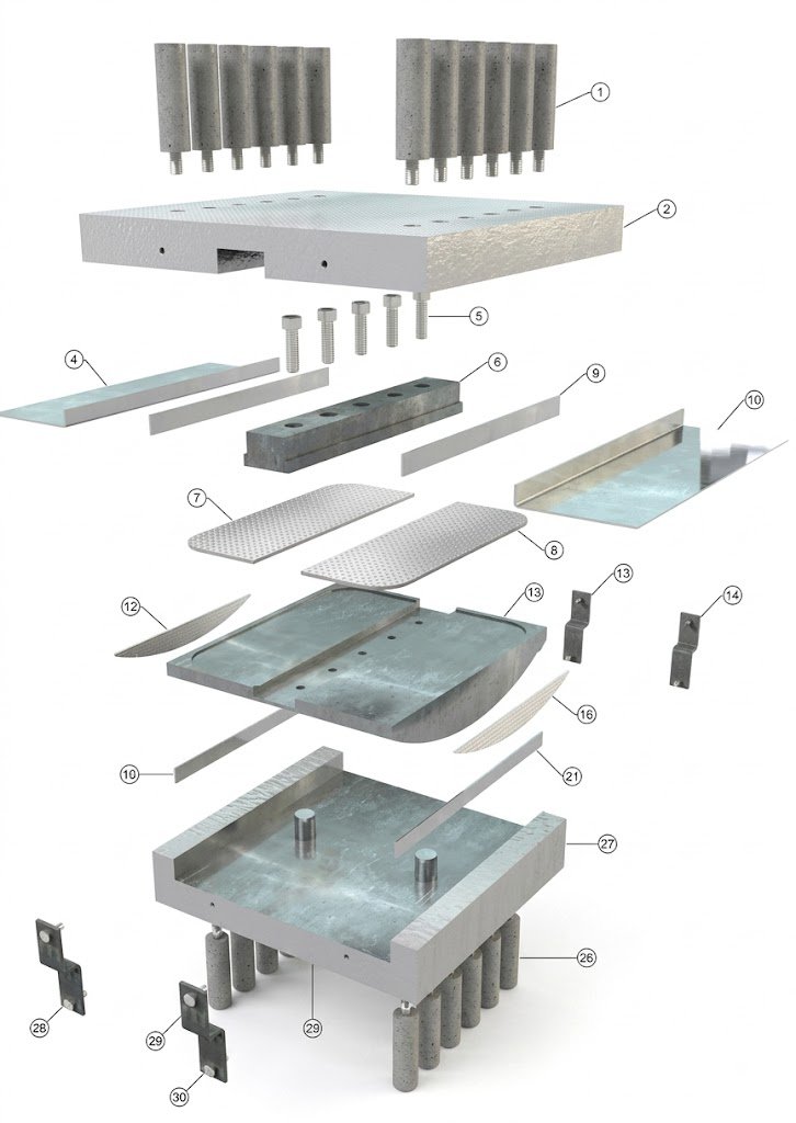 Sơ đồ cấu trúc chi tiết gối tuyến tính TETRON Linear Rocker Bearing Freyssinet — bản thép và rocker dao động