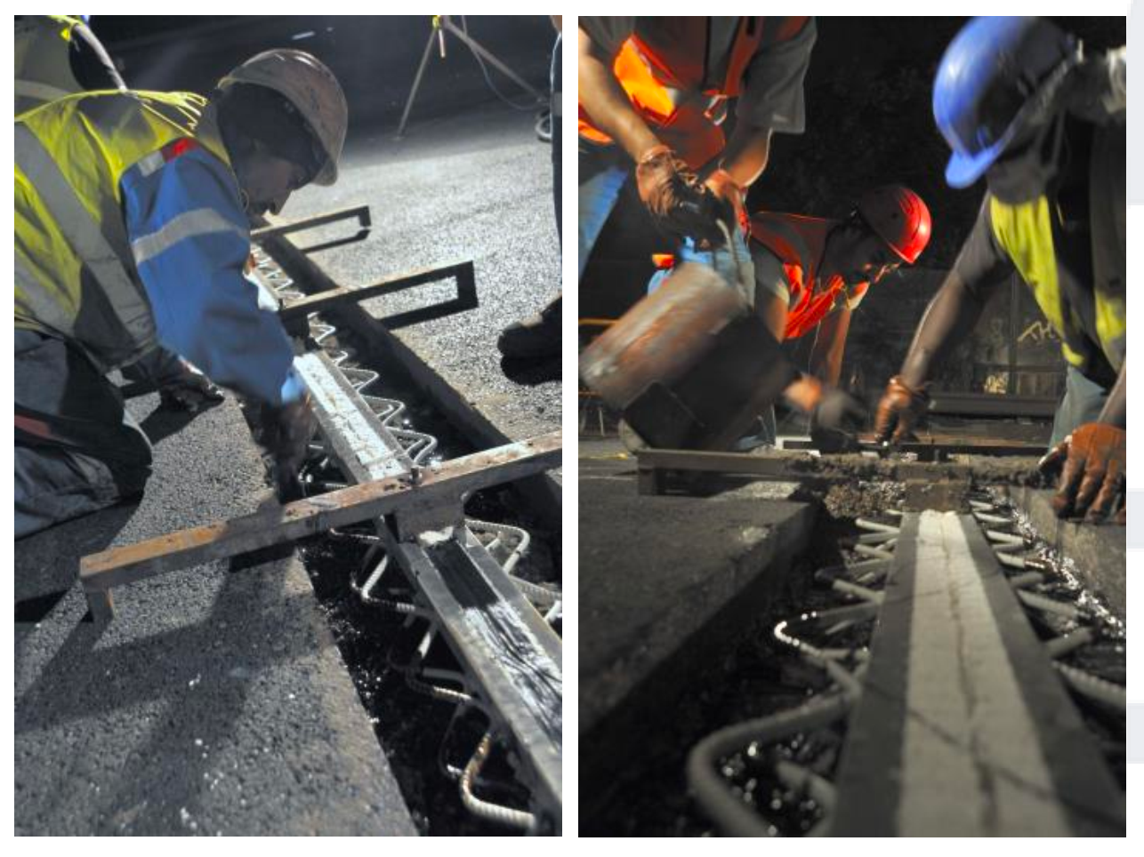 Khe CIPEC JEP (JEP3 / JEP5 / JEP8) — Khe góc đầu dầm lắp trong bê tông nhựa 77 Lắp đặt khe JEP trên đường cao tốc A1, Pháp — thi công theo từng làn