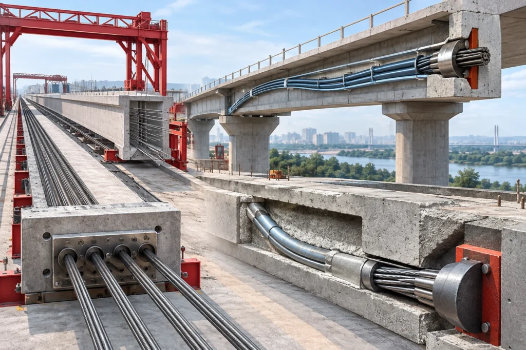 Minh họa: Bê tông dự ứng lực: căng trước, căng sau và hệ cáp – neo – vữa bơm