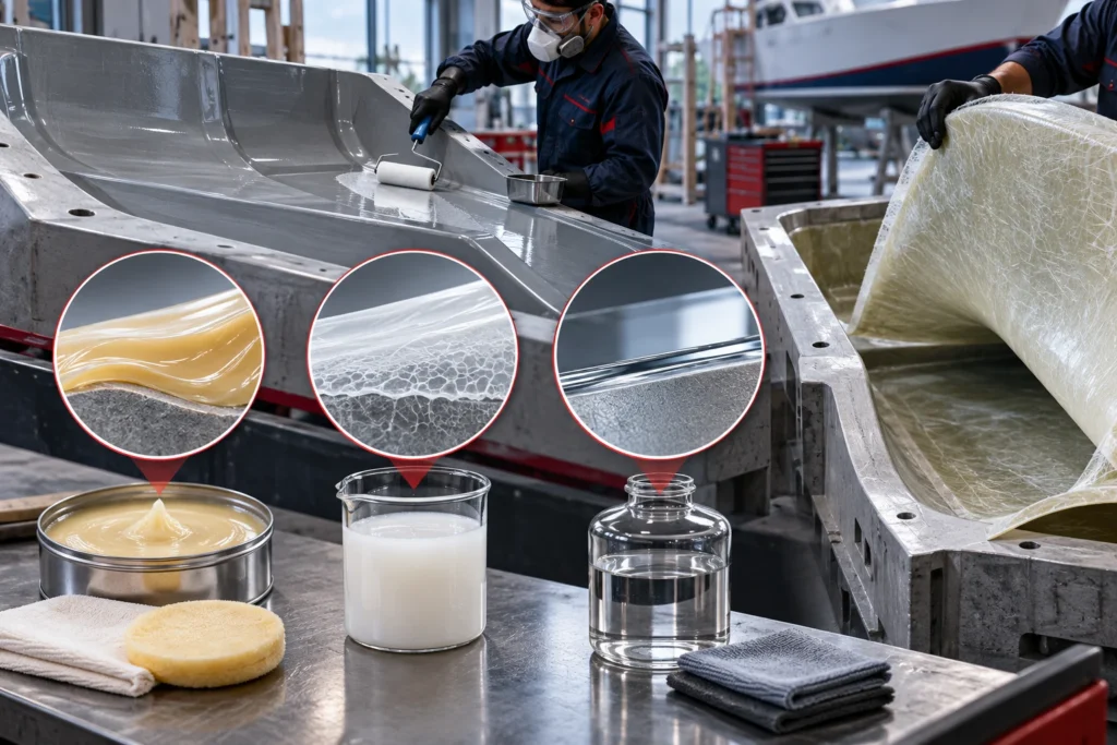 Minh họa: Chất chống dính khuôn composite: phân loại sáp, PVA và chất tách khuôn bán vĩnh cửu