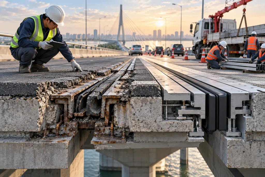 Minh họa: Thay thế khe co giãn cầu đang khai thác: đánh giá hư hỏng và chọn phương án