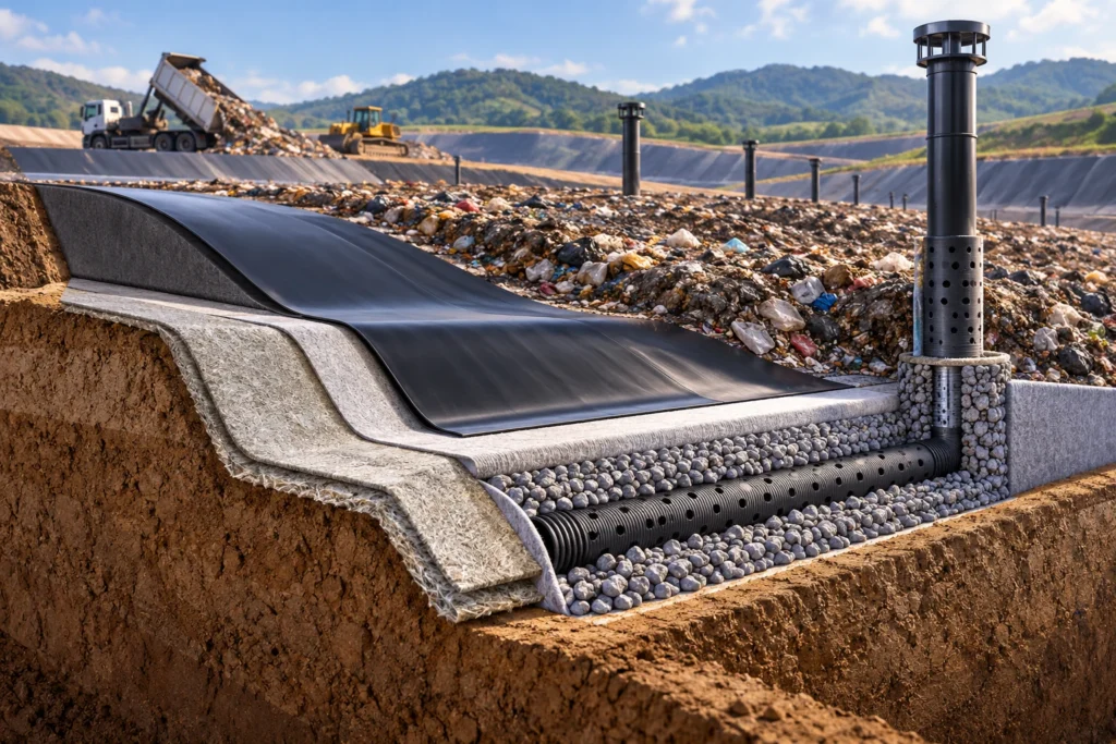 Minh họa: Lớp chống thấm bãi chôn lấp: GCL, HDPE và thu khí rác