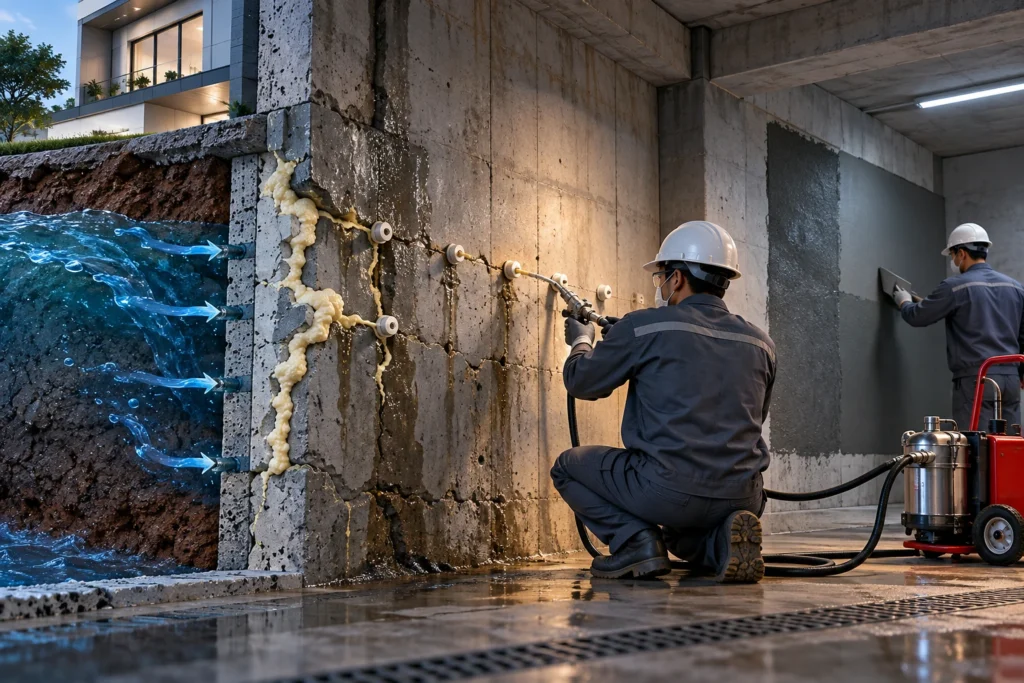 Minh họa: Tầng hầm nhà phố bị thấm sau khi xây: xử lý từ bên trong