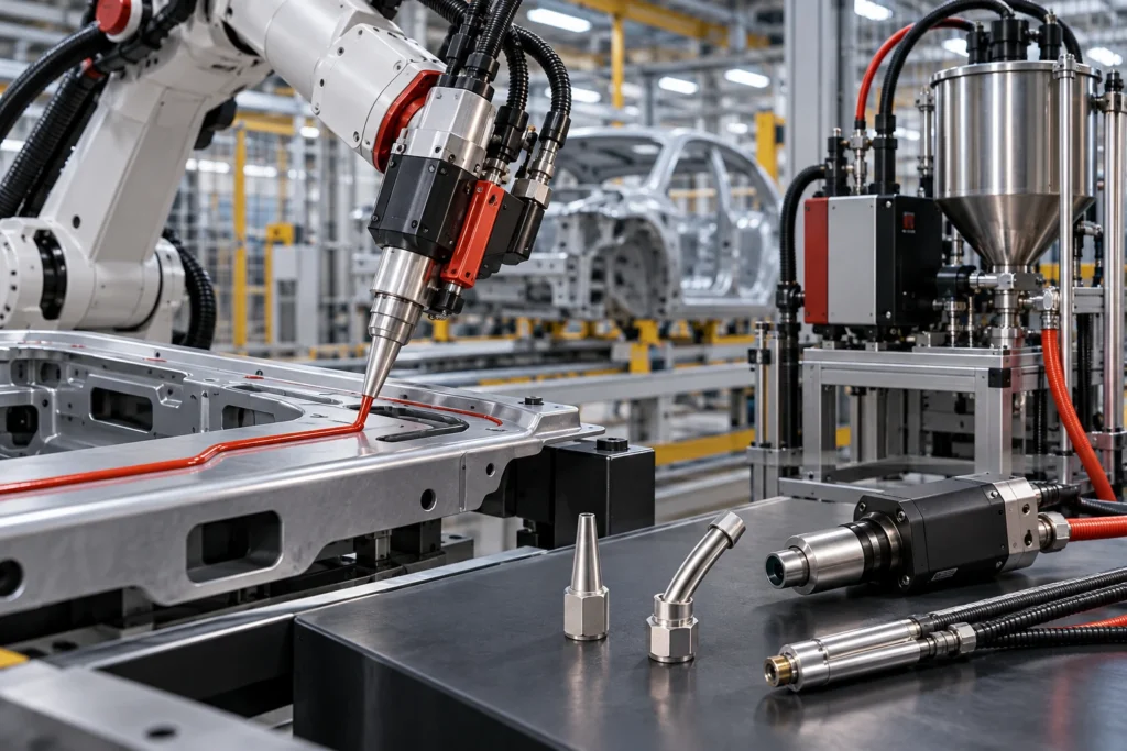 Minh họa: Thiết bị phân phối keo, robot & phụ kiện thi công cho ngành nhà máy công nghiệp: yêu cầu kỹ thuật và hệ sản phẩm phù hợp