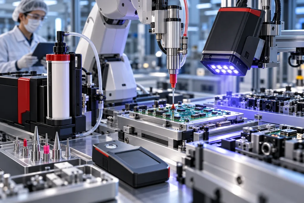 Minh họa: Thiết bị phân phối keo, robot & phụ kiện thi công cho ngành lắp ráp điện tử & cơ khí chính xác: yêu cầu kỹ thuật và hệ sản phẩm phù hợp