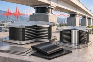 Minh họa: Gối cầu cách chấn động đất (Seismic isolation) — gối đàn hồi cao su tự nhiên giảm gia tốc kết cấu