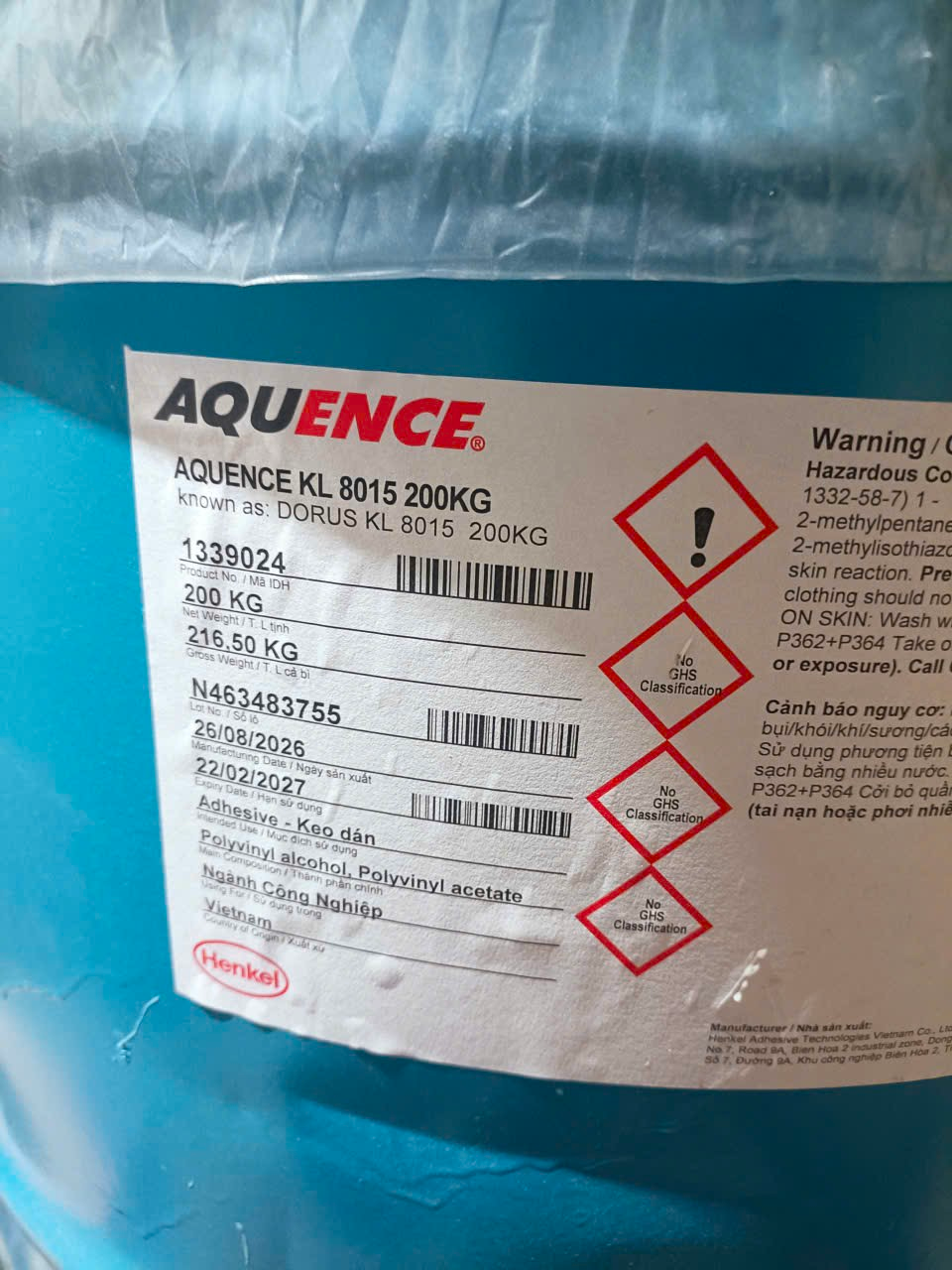 AQUENCE KL 8015 | Keo gốc nước 200 kg, DORUS KL 8015 5 Nhãn thực tế AQUENCE KL 8015, IDH 1339024, 200 kg