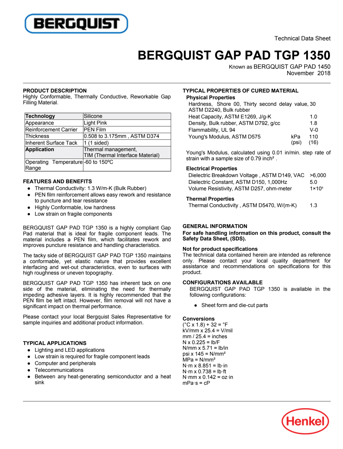 Bergquist Gap Pad TGP 1350 | Tấm tản nhiệt linh kiện dễ vỡ 9 Hình ảnh ảnh trang dữ liệu kỹ thuật Bergquist Gap Pad TGP 1350 do Hoá chất PT | PT Chemicals cung cấp