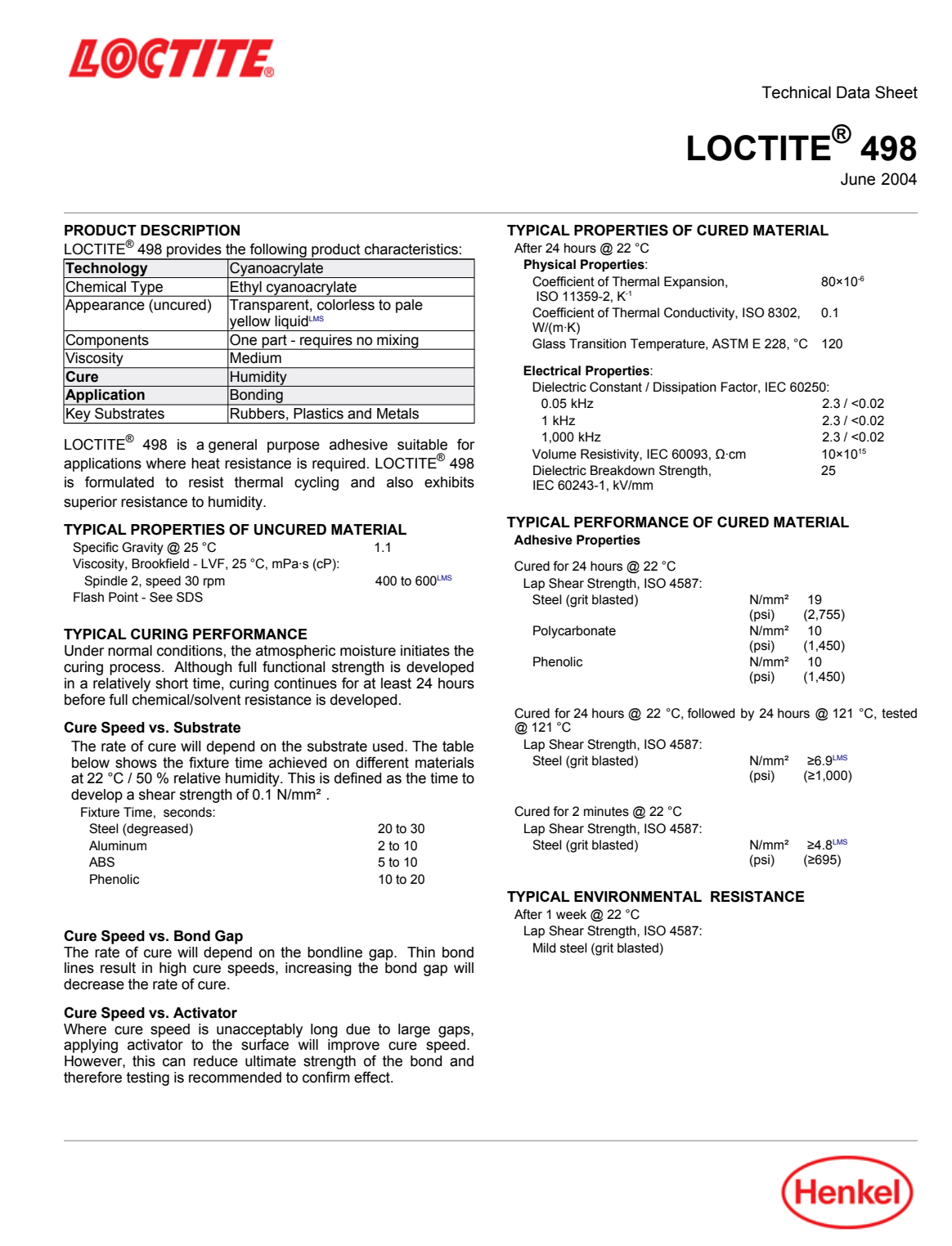 Loctite 498 | Keo CA chịu chu kỳ nhiệt 2 LOCTITE 498 Trang tài liệu kỹ thuật hãng