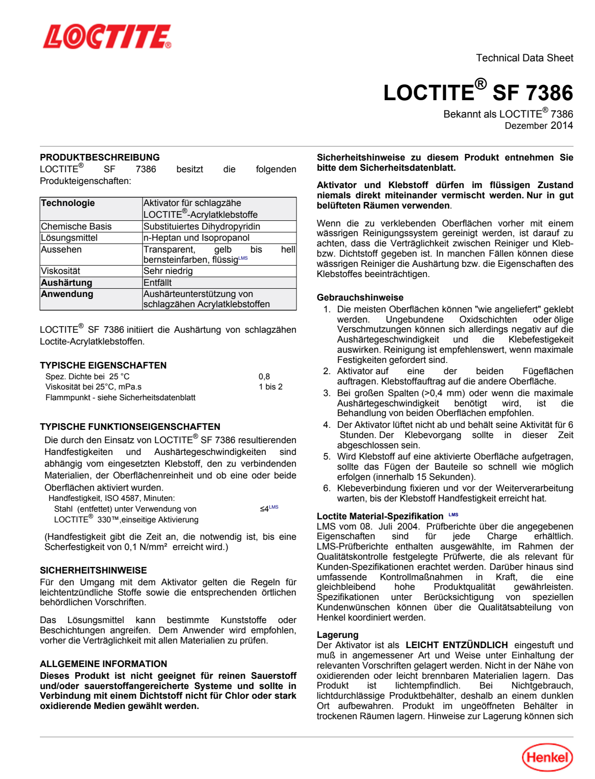 Loctite SF 7386 | Chất kích hoạt dạng lỏng cho keo acrylic tăng cứng 2 LOCTITE SF 7386 Trang tài liệu kỹ thuật hãng