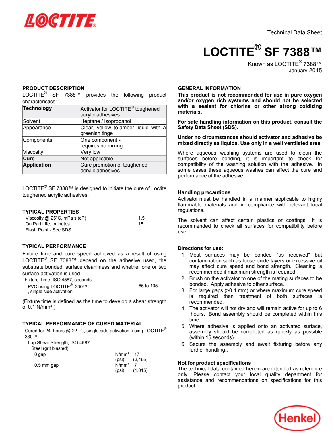 Loctite SF 7388 | Chất kích hoạt keo acrylic tăng cứng, ODP bằng 0 2 LOCTITE SF 7388 Trang tài liệu kỹ thuật hãng