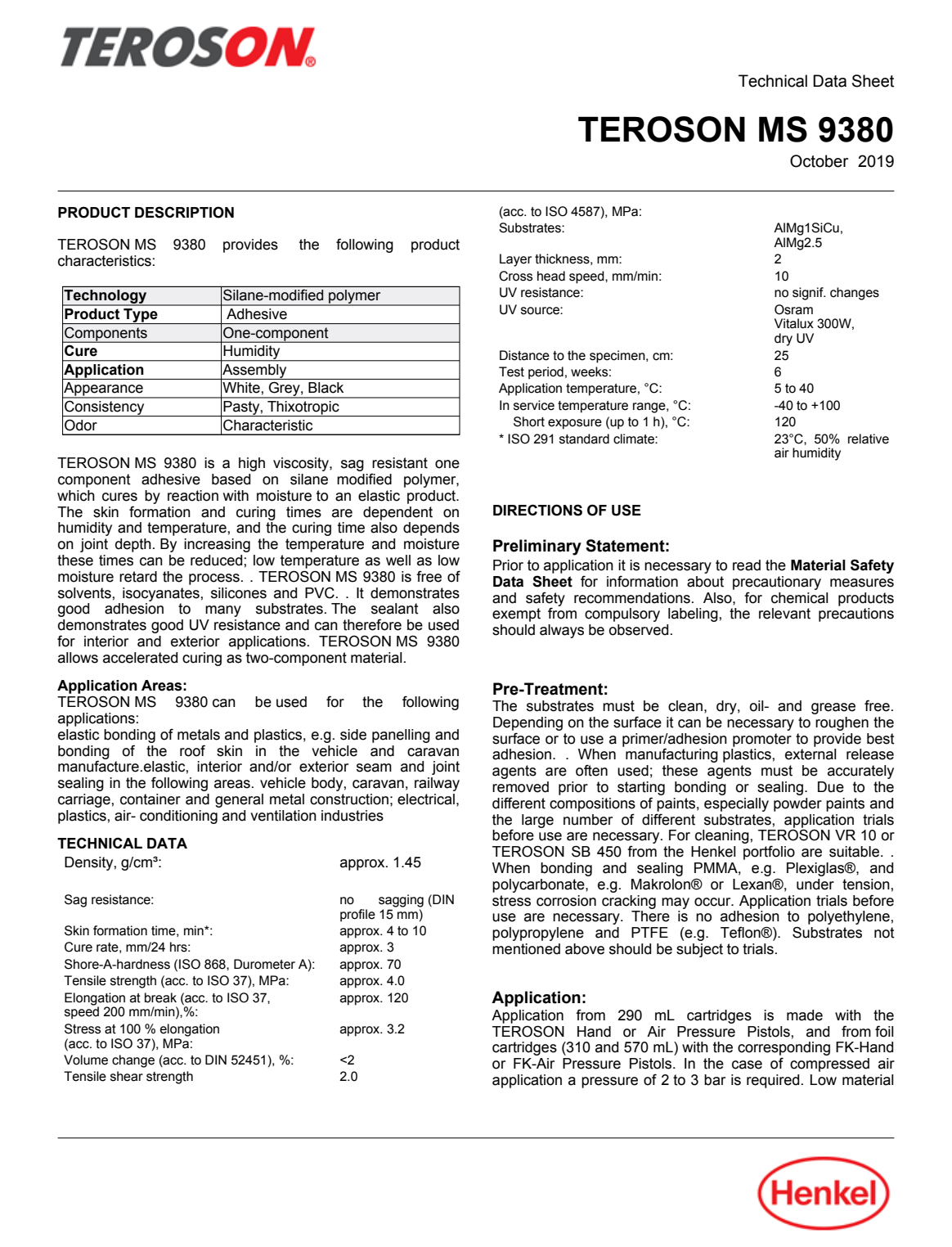 Teroson MS 9380 | Keo dán đàn hồi MS Polymer 1 thành phần dạng paste, dán panel/mái xe, không dung môi/isocyanate/silicone/PVC 3 TEROSON MS 9380 Trang tài liệu kỹ thuật hãng